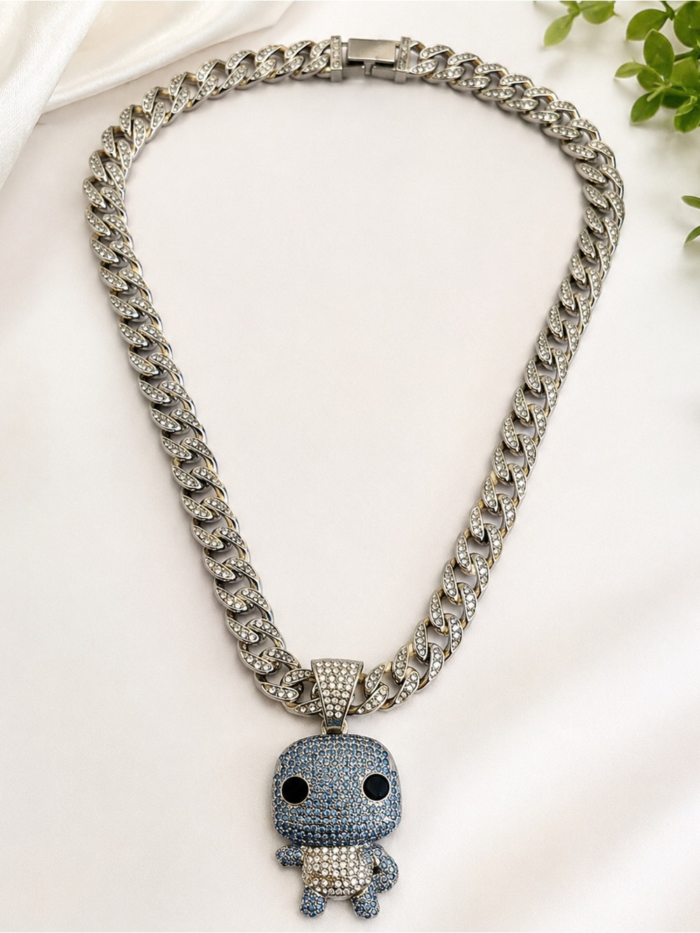 24” Iced Out Squirtle Pokémon Cuban Link Necklace 103g – White Gold Filled